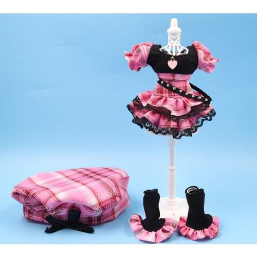 ICY DBS Blyth doll 1/6 bjd pink plaid dress with hat doll toy Anime girl
