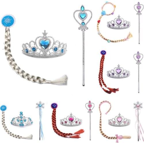 MIQIAO Gold Plated Love Heart Zircon Crystal Froz Cosplay en Magic Plait Scepter Crown Hair Band Clip Jewelry Sets for Girl Gift