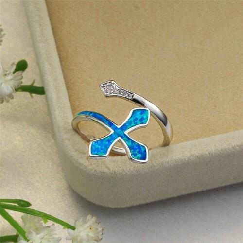 Fashion Silver Color Small Cross Wedding Ring Cute Female Blue Fire Opal Ring Promise Love Adjustable Engagement Rings For Women