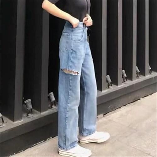 Fashion Straight Light Blue Wide Leg Ripped Pants Womens Jeans Casual Denim Bottom Harajuku Boyfriend Long High Waist Trousers