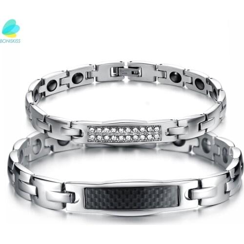 BONISKISS His & Her Couple Matching Set Health Care Stainless Steel Magnetic Crystal Accents Energy Bangle Bracelets