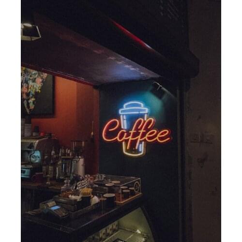 Custom Neon LED Coffee and Coffee Cup Sign Light Flex Transparent Wall Window Hanging Acrylic Decor Indoor Outdoor for Sale Shop