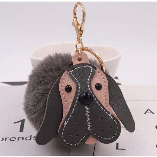 New fashion sweet Hot cute leather animal dog Fake Rabbit Fur Ball Key Chain Pompom Key Chain Key Rings Girl Women Bag Jewelry