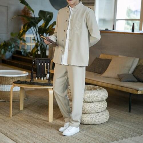 2021 Autumn Winter Chinese Style Mens Suit Tang Suit Hanfu Zhongshan Suit Mens Two-piece Set Traditional Chinese Clothing