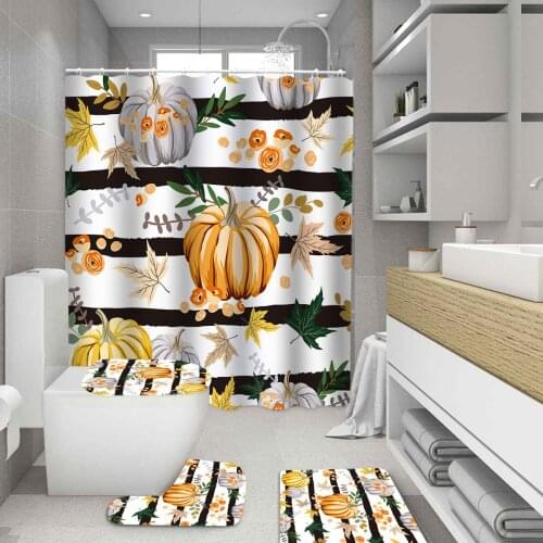 Autumn Stripe Pumpkins Halloween Shower Curtain Fall Farmhouse Thanksgiving Anti-slip Mat Toilet Cover Rug Bathroom Curtains Set