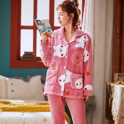 Womens Flannel Winter Pajamas Sex Hot Sleepwear Set Women Cartoon Pajama Set Button Full Sleeve Shirt Pant Thick Warm Homewear