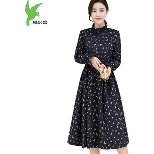 New Print Dress Womens Spring Autumn Corduroy Big swing Dress Stand collar Long sleeves Pullover Dress Medium length OKXGNZ1554