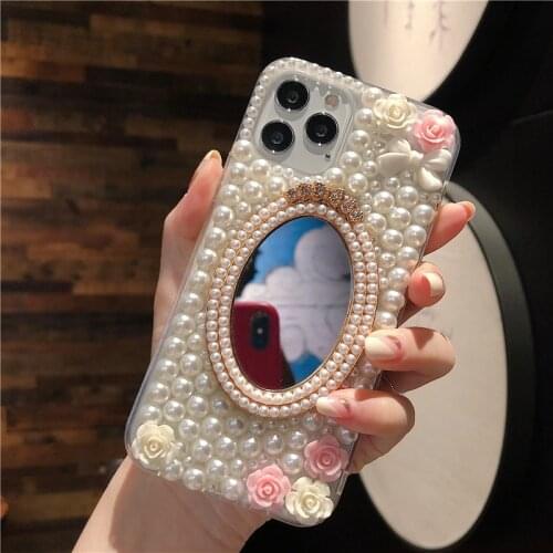 Luxury Full Bling Pearl Diamond Make Up Mirror Flowers Case Cover For Samsung Galaxy Note 20 10 9 8 S21 S20 FE Ultra S10/9 Plus
