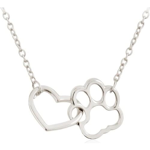 Linked Heart & Paw Necklace Hollow Heart shaped Pet Paw Pendant Necklace for Dog Owners Women Men Animal Jewelry