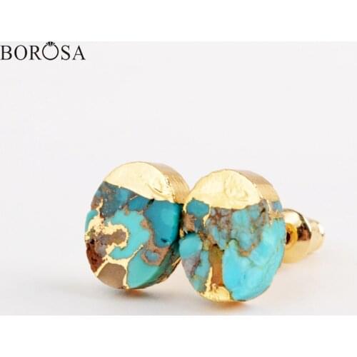 BOROSA Oval Shape Blue Turquoises Stud Earrings with Veins Fashion Natural Gems Stones Earrings for Women Retro Jewelry G1982