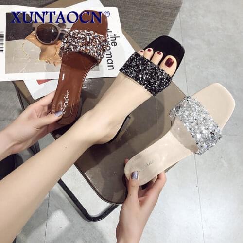 2021 Summer New Fashion Transparent Band High Heels Woman Pumps Brand Designer Socofy Ladies Shoe Slip On Loafers Mules Footwear