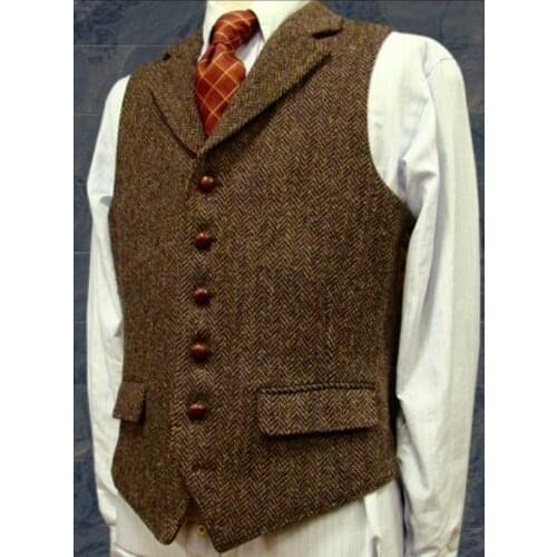British Style Vintage Brown Wool Herringbone Groom Vests Formal Grooms Wear Suit Vest Mens Wedding Tuxedo Waistcoat Plus Size