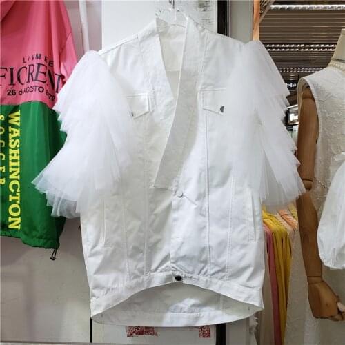 Summer White Net Yarn Patchwork V-neck Thin Short Coat Single-breasted Irregular Hem Women Jacket Casual Sleeveless Tops Female