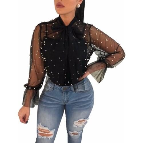 Lantern Long Sleeve Mesh Transparent Beading T shirt Women Summer Front Bow Tie See Through Tee Shirts Plus Size Club Tops 2XL
