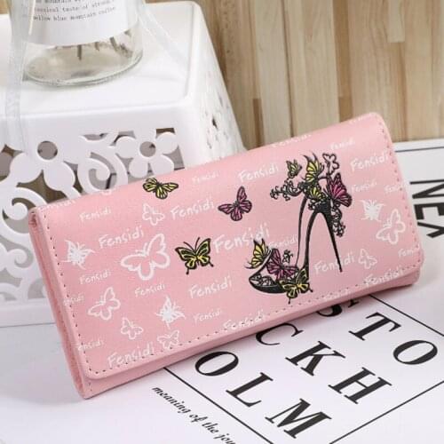 Women Long Wallet Butterfly High Heel Shoes Printed PU Leather Purse FA$3