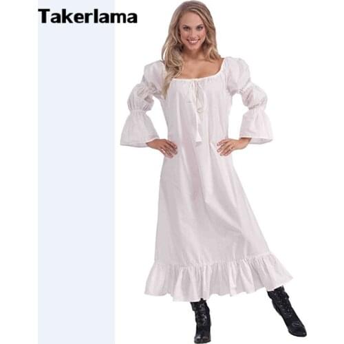 Womens Medieval Chemise Costume Long White Peasant Style Costume Robe Dress for Halloween Party Christmas Mardi Gras Cosplay