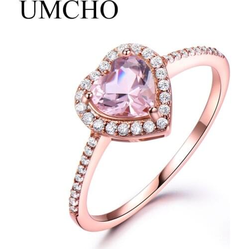 UMCHO Pink Morganite Rings for Women 925 Sterling Silver Ring Heart Engagement Wedding Band Valentines Day gift Fine Jewelry