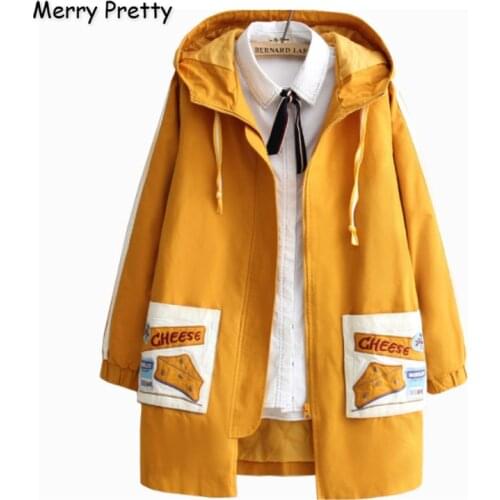 MERRY PRETTY Women Cartoon Embroidery Yellow Hooded Cotton Coat 2020 Long Sleeve Winter Plus Velvet Warm Coat Jackets Parka Coat