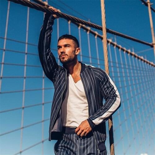 2021 mens casual sports suit mens black and white striped sports suit zipper clothes fitness mens sportswear