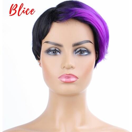 Blice 8 Inch Short Straight Synthetic Wigs Natural Mix Color Wig FT1B / Red Left-Side Bang For African American Women Wig