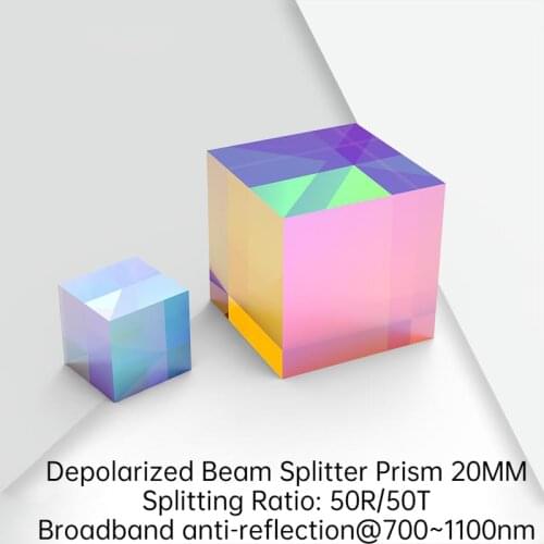 Depolarized Beam Splitter Prism Optical Dichroic Prism K9 Cube 20MM Split Ratio 50R/50T Optical Coating Beam Splitter Prism