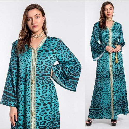 Muslim Women Leopard Print Long Dress Fashion V-neck Arabic Abaya Islamic Clothing Kaftan Middle East Party Evening Maxi Robe