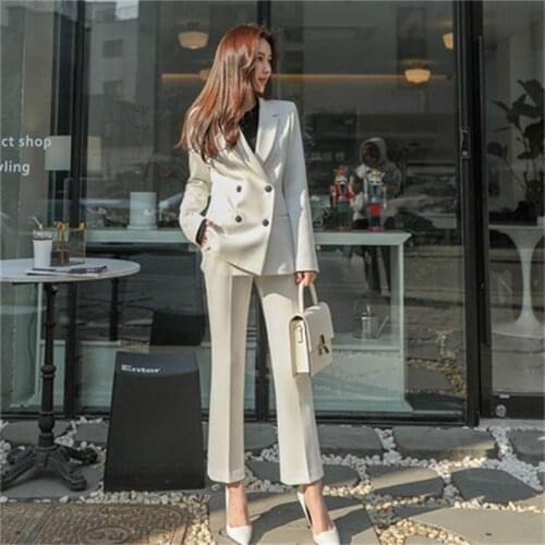 Fashion suit suit female spring New high quality Double breasted casual Business OL black white suit + pants two-piece Set women