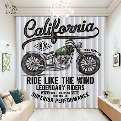 Red Motorcycle Stars Plate Retro Pattern Curtain Youth Room Home White Curtains Hotel Decoration Curtains Blackout Micro Shading