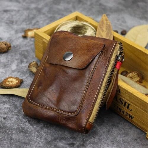 Retro fashion luxury real leather vegetable tanned leather zipper thin and simple folds large-capacity coin purse mini holder