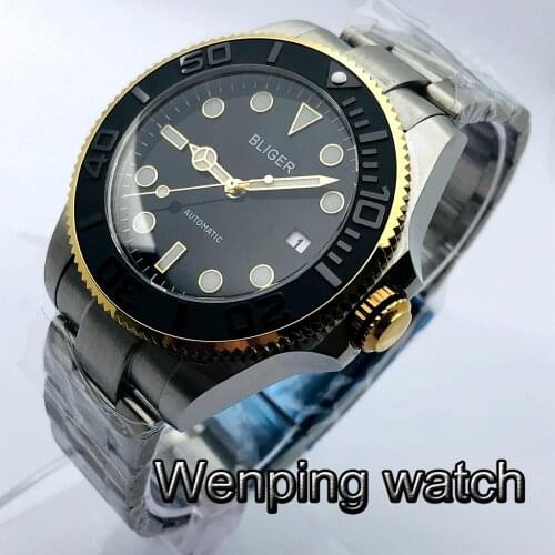 Bliger 43mm Mens Top Business Mechanical Watch Sapphire Glass Ceramic Bezel Black Dial 24 Jewels NH35A Movement Automatic Watch