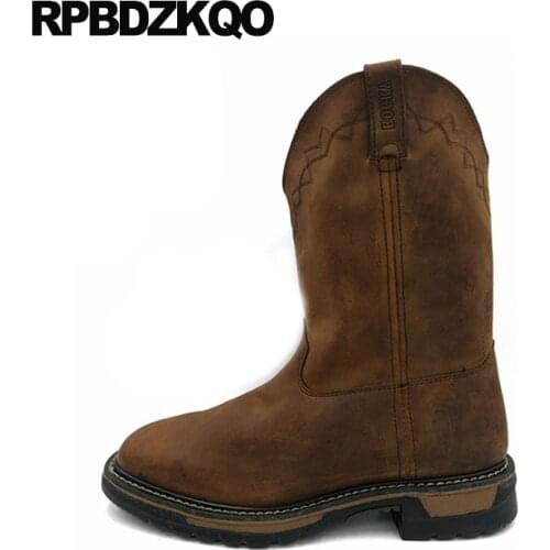 Full grain mid calf boots cowgirl slip on tall brown suede handmade real leather designer shoes men high quality western cowboy