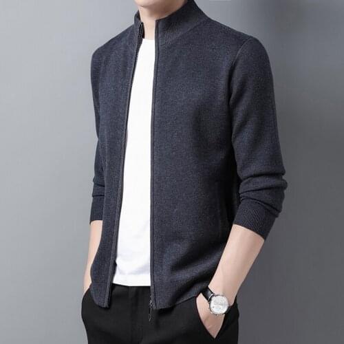 Man Thick Sweater Coat Elegant Mandarin Collar Wool Knitwear Male Zipper Cardgian Long Sleeve Knit Clothing