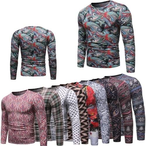 New Fashion Mens Casual Long-sleeved National Style Print T-shirt Casual Long-sleeved Round Neck T-shirt S-XXL