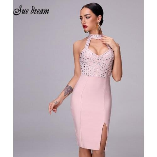 2021 New Womens Halter High Collar Beaded Openwork Bandage Dress Sexy Bodycon Fashion Celebrity Party Christmas Dress