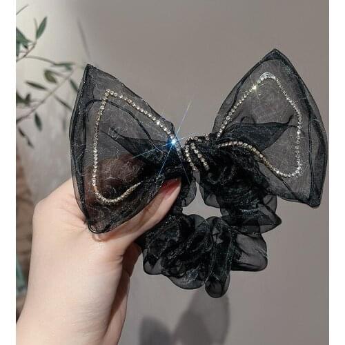 New Chiffon Rhinestone Scrunchies Hair Tie Girls Elastic Ponytail Holder Knotted Bow Hair Bands for Women Accessories