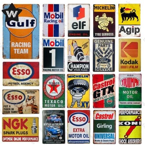 Gulf Esso Tin Plaque Shabby Agip Metal Plate Tin Sign Motor Oil Metal Poster Vintage Wall Sticker for Garage Man Cave Decoration