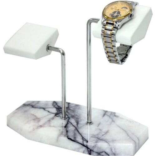 White Marble Silver Support Rod Watch Stand Display Stand White PU Leather Double Watch Jewelry Bracelet Storage Rack