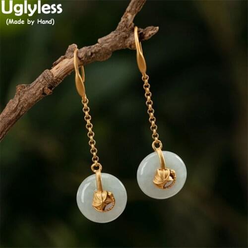 Uglyless Peace Buttons Emerald Long Earrings for Women Handmade Lotus Leaf Dangle Earrings 925 Silver Brincos Ethnic Retro Jewel
