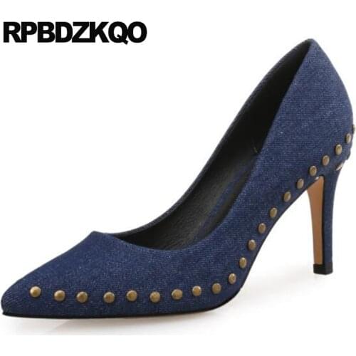 Blue Women Stiletto Plus Size 4 34 Famous Stud 3 Inch Celebrity 2017 33 10 42 Pumps Pointed Toe High Heels 12 44 Denim Fashion