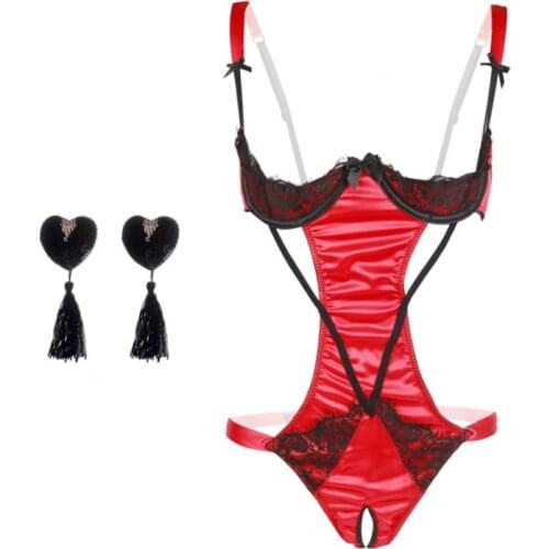 Teddy Black Red Women Open Cupless Bra Crotchless Bodysuit Lingerie Nightwear Sexy Womens One-piece Lace Bow Backless Nightwear