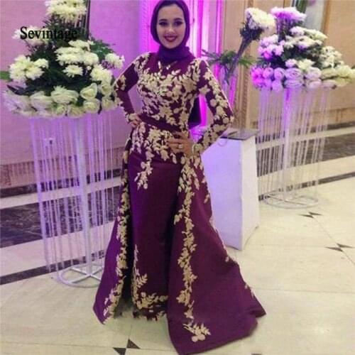 Sevintage Burgundy Mermaid Muslim Evening Dresses Lace Long Sleeve Saudi Arabia Prom Gowns Detachable Train Vestidos De Fiesta