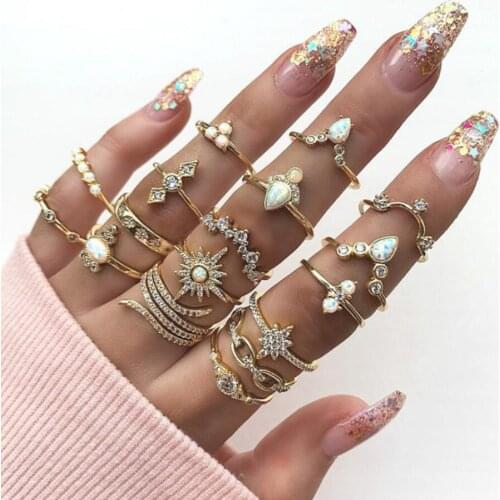 Vintage Bohemian Golden Heart/ Snake/ Cross/Sun /Cabs Rhinestones Various Sizes Finger Joint Ring Pack Set Jewelry