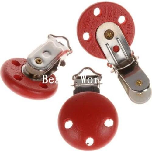 High Quality 5Pc Red Three Holes Round Wood With Metal Baby Pacifier Clip Holders Cute Infant Soother Clasps Accessories 45x29mm