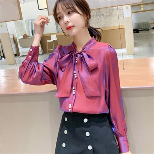 Autumn Spring Girls Reflecting Satin Bow Collar Blouse Shirts Female Full Sleeve Beading Tops Elegant Party Club Office OL Women