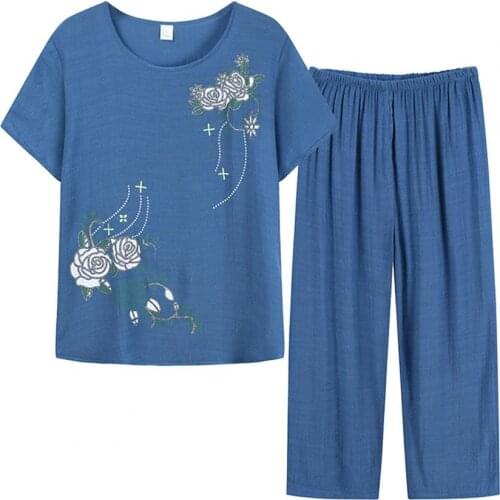 Summer Women Homewear Set Short Sleeve Floral Print T-shirt Pants Loose Elastic Waistband Two Pieces Set Outfit for Middle-aged