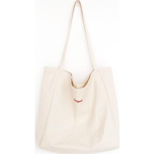 Womens Canvas Shoulder Bag Bonjour Embroidered Ladies Casual Handbag Totes Reusable Large Capacity Cotton Shopping Beach Bag