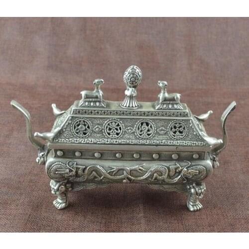 8.8" Marked Chinese Silver 8 Auspicious Symbol 2 Sheep Dragon incense burner