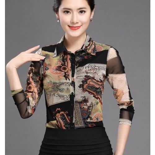Autumn Spring Women Printed Pattern Full Sleeve Stretch Blouse Shirt , Female Summer Painted 4XL Blouses , Shirts For Woman