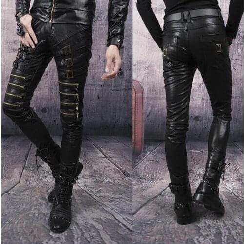 Punk personality fashion motorcycle faux leather pants mens feet pants pu tight trousers for men pantalon homme black zipper