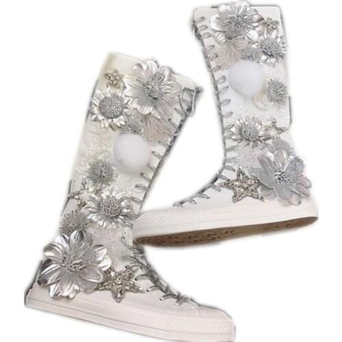 JELLYFOND womens boots with rhinestones Flat Knee-high Boots Fashion Beaded Canva Shoes Autumn Rhinestones shoes ladies trainer